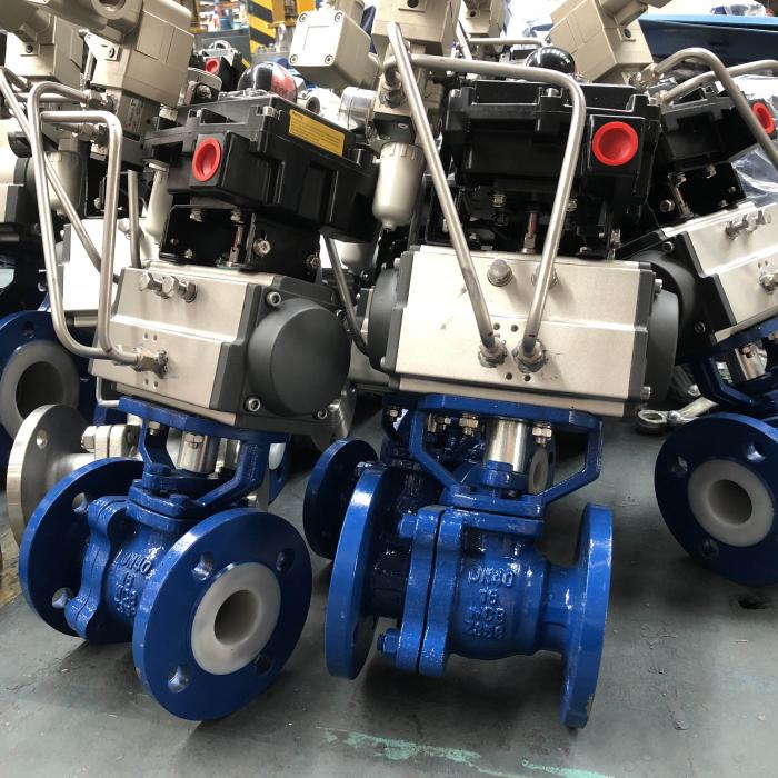 Pneumatic operation Plastic lined Full port ball valves DN40 for sulfur acid pipelines from China manufacturer